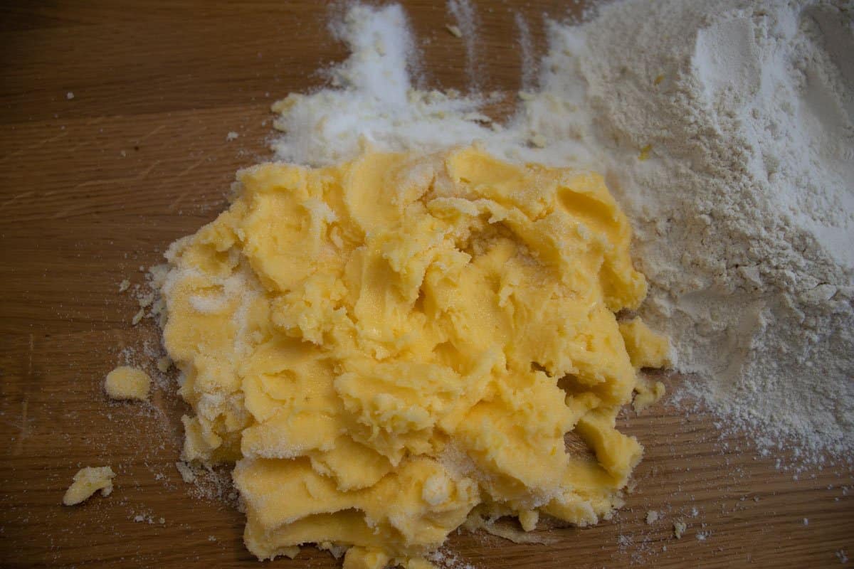 Butter, flour, sugar and lemon zest mix