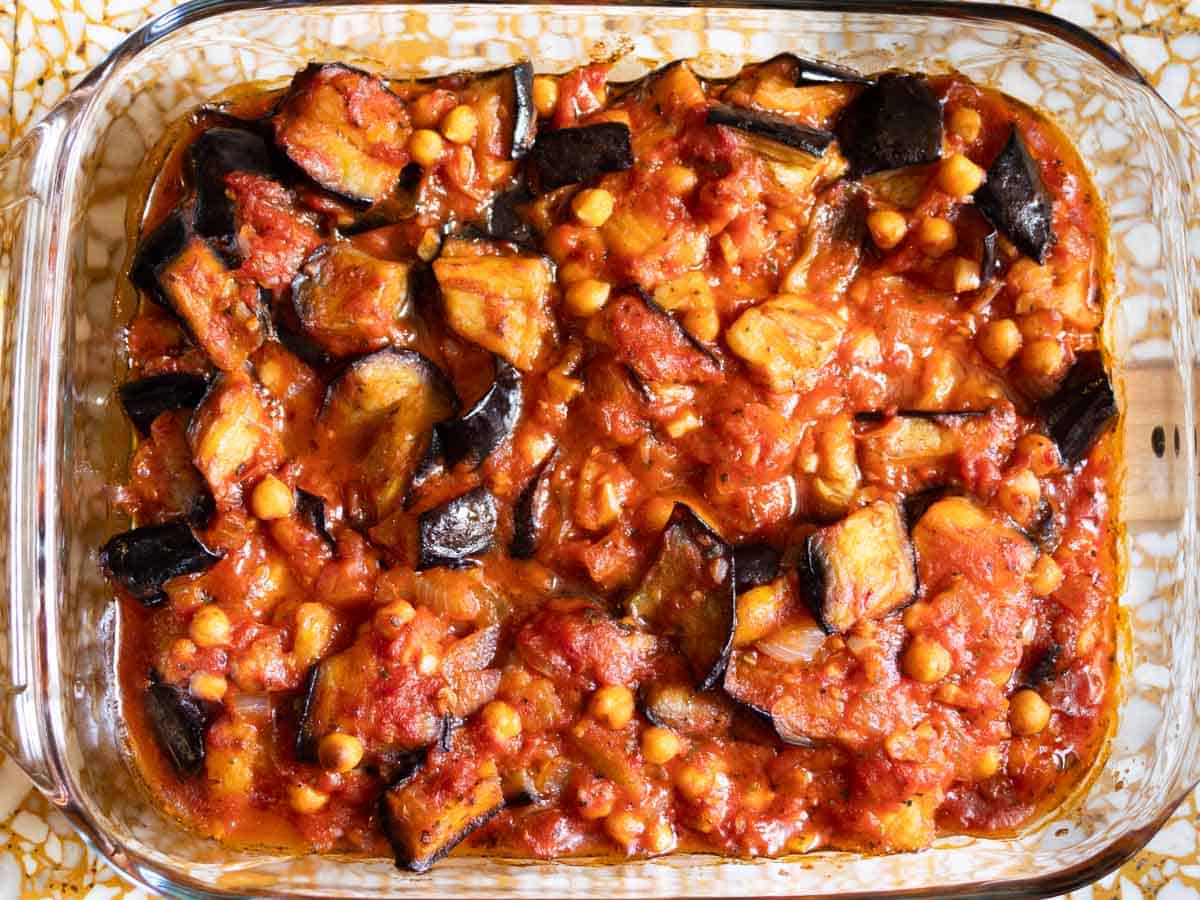 Vegetarian Lebanese Moussaka in a glass pyrex dish after baking.