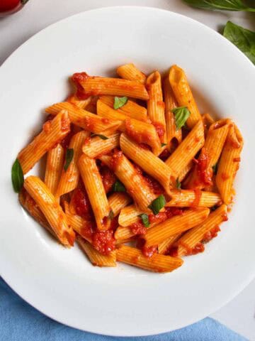 Penne Napoli pasta in white dish next to sprig of basil and blue cloth.