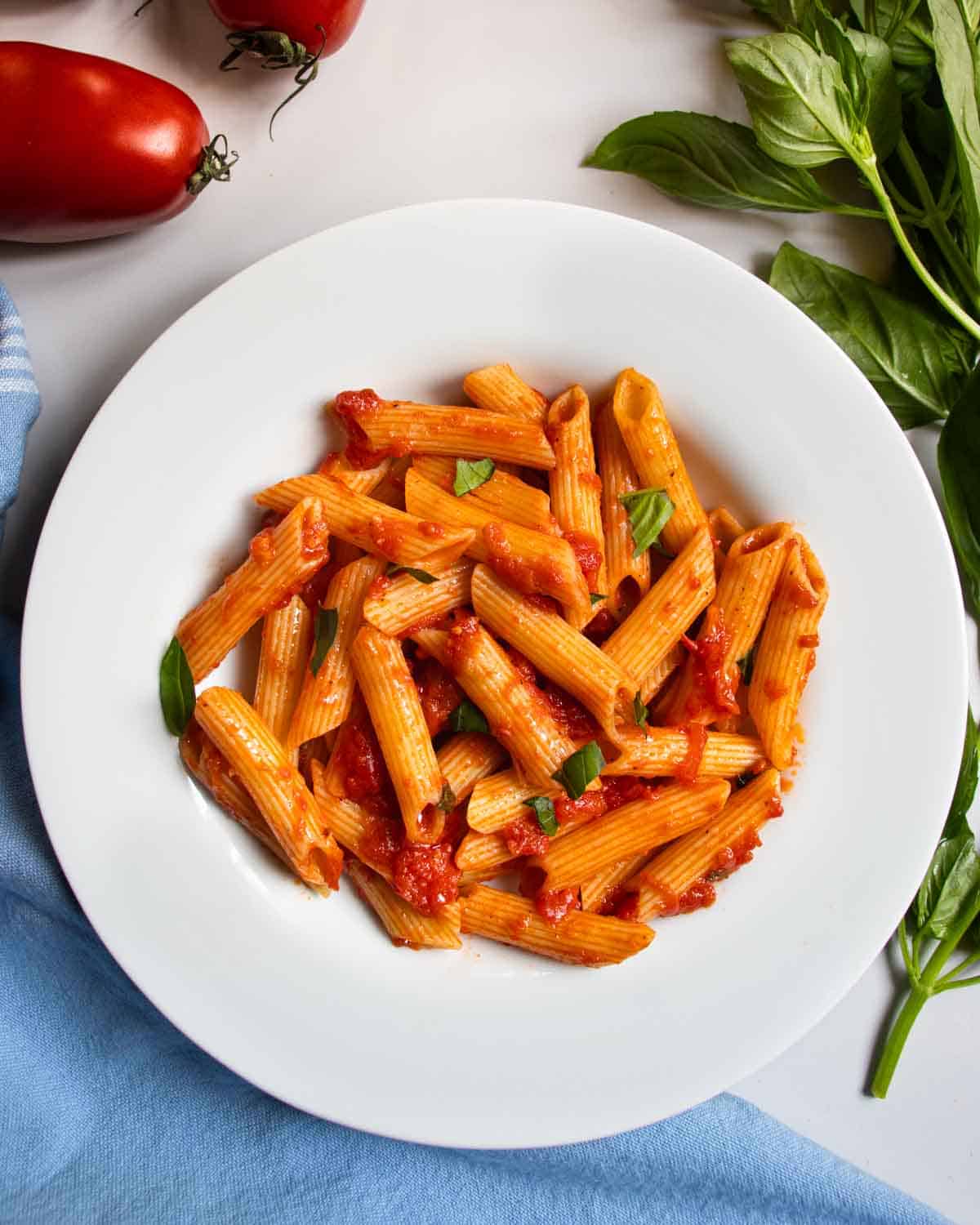 Penne Napoli pasta in white dish next to sprig of basil and a couple of tomatoes.